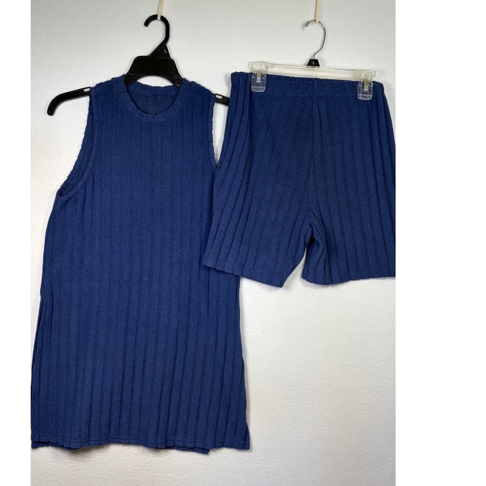 Shein Ribbed Knit Lounge Set Women S Blue Excellent Sleeveless Tunic Shorts